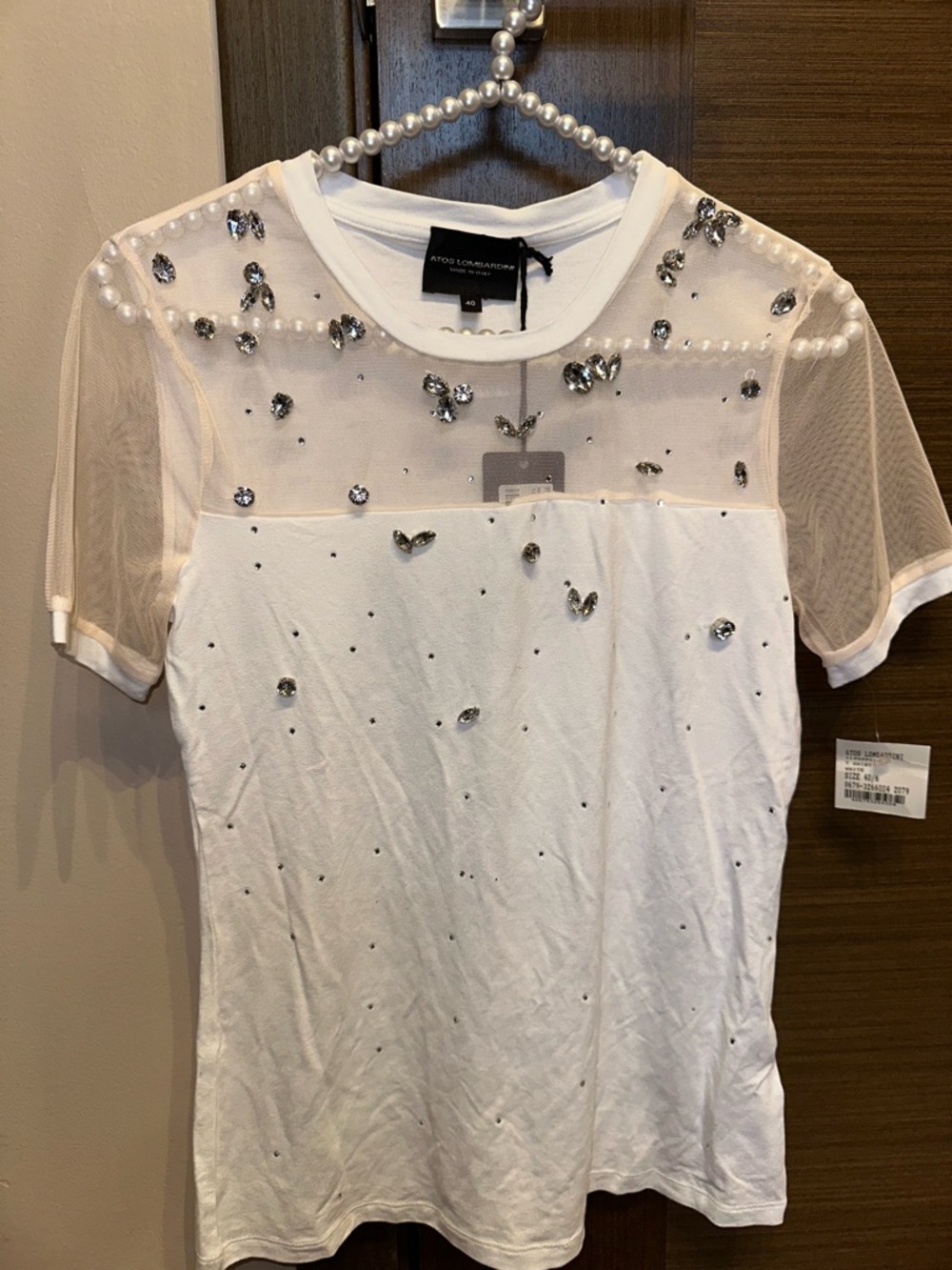 Atos Lombardini White Embellished Mesh Yoke Tee Italy 40